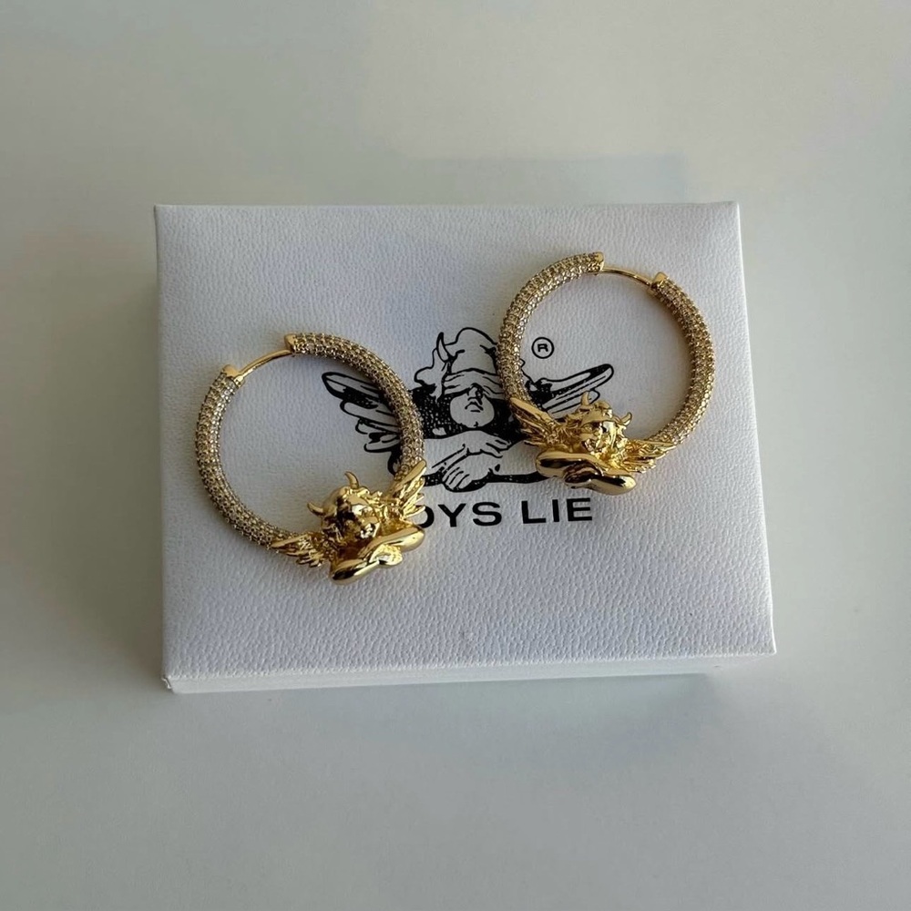 SOLD Boys Lie Gold Cherub Angel Hoop Earrings - Crystal Encrusted - New with Box